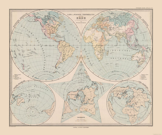 Historic Map - Land Water Distribution Earth - Stieler 1885 - 27.55 x 23 - Vintage Wall Art