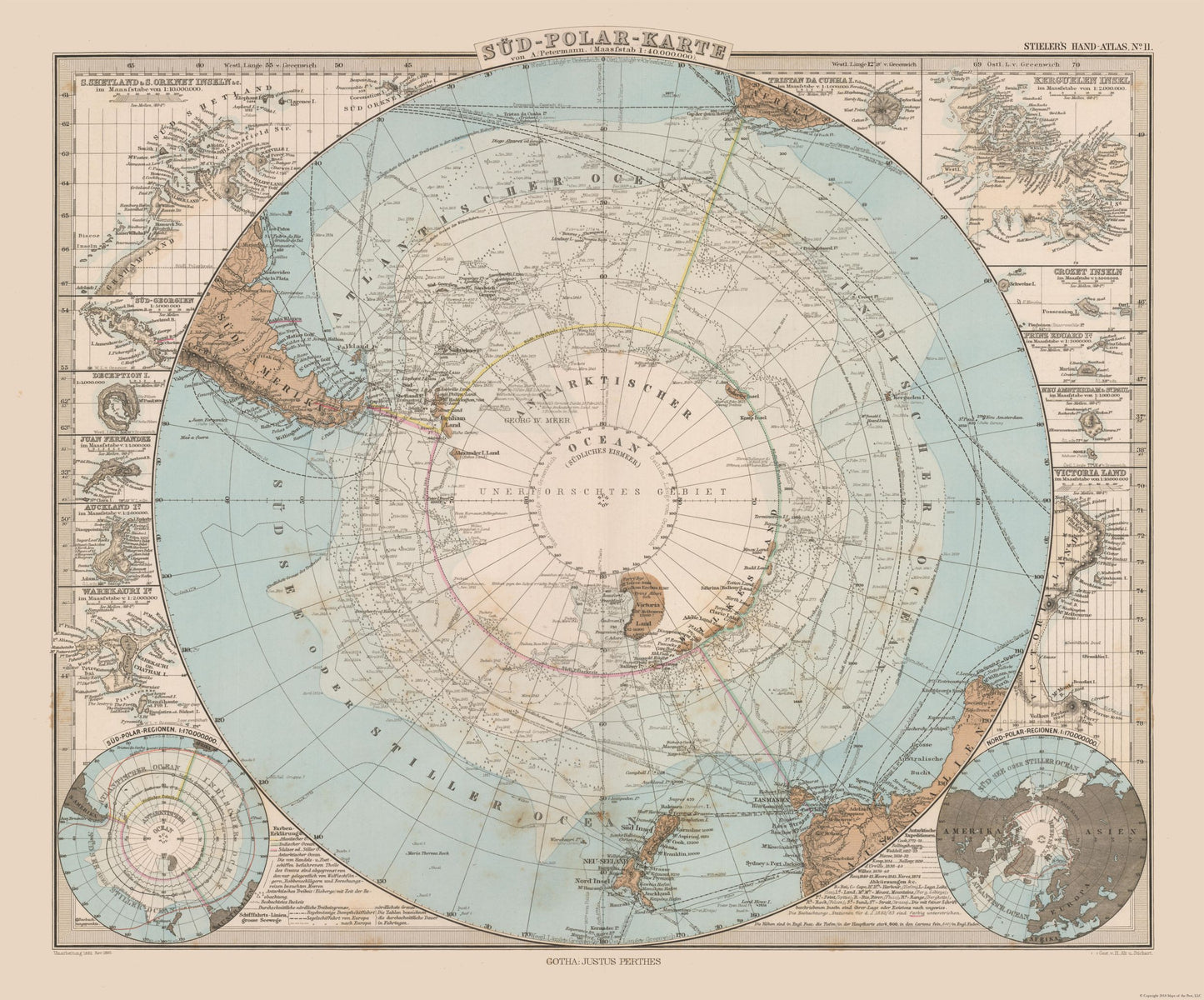 Historic Map - South Pole - Stieler 1885 - 27.70 x 23 - Vintage Wall Art