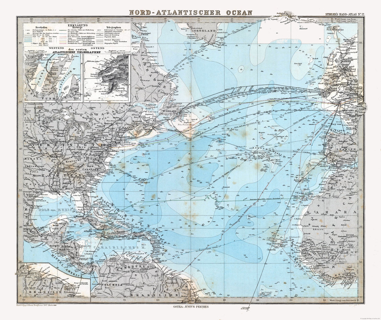 Historic Nautical Map - Atlantic Ocean - Stieler 1885 - 27.38 x 23 - Vintage Wall Art