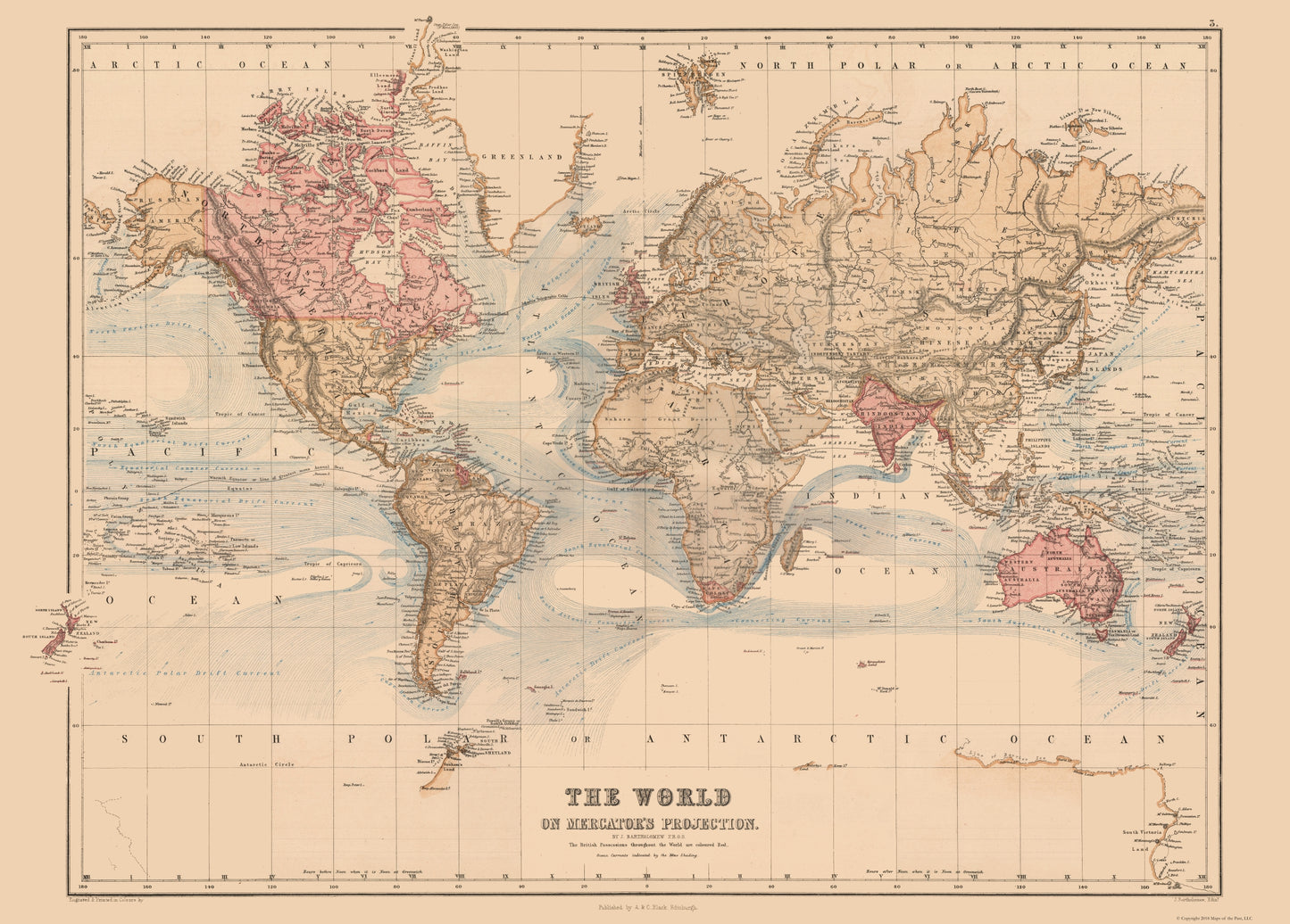 Historic Map - Mercator Projection - Black 1867 - 32.07x 23 - Vintage Wall Art