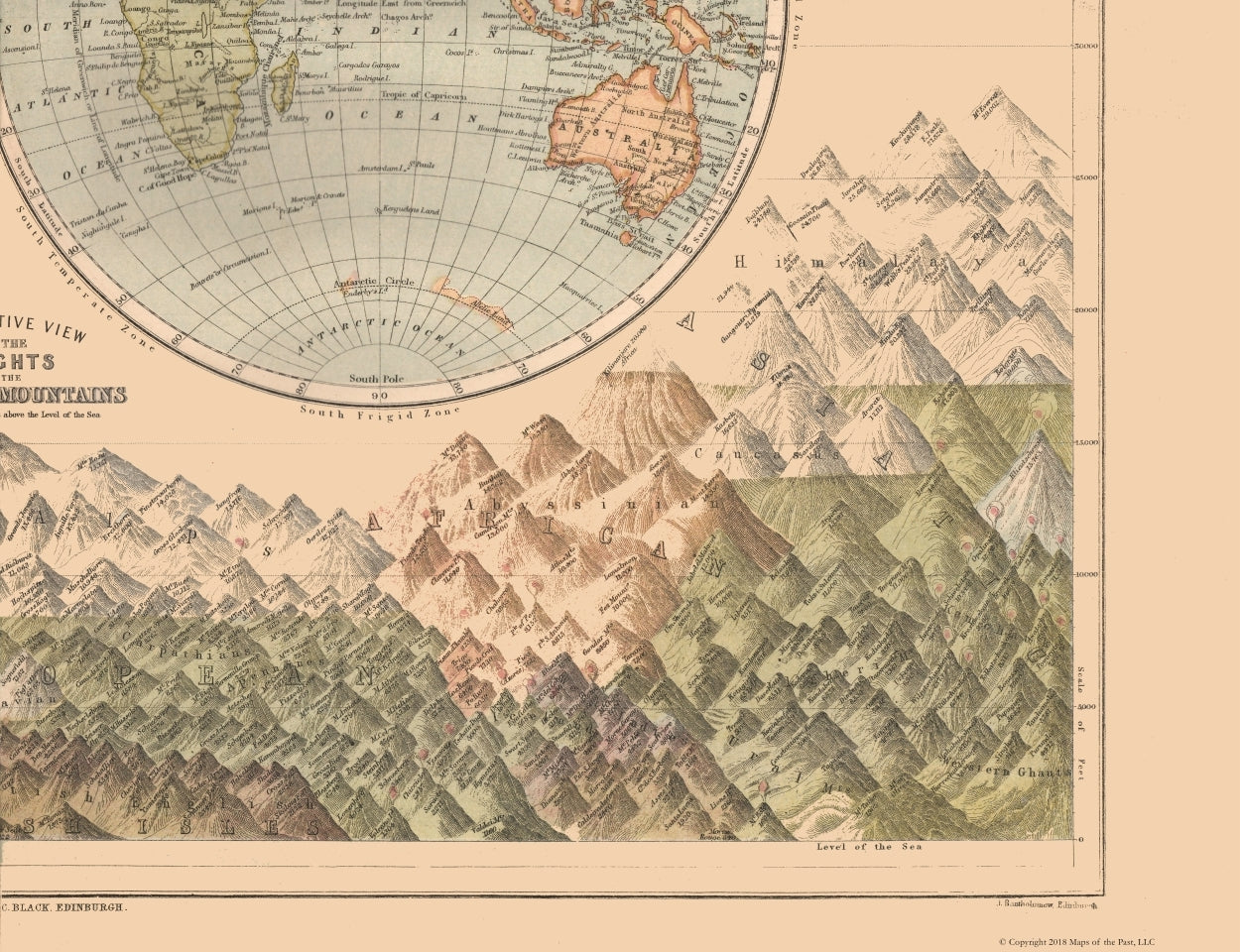 Historic Map - World Mountain Heights - Black 1867 - 29.94 x 23 - Vintage Wall Art