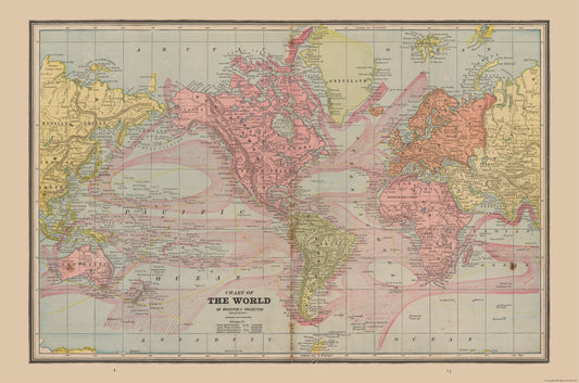 Historic Map - World Chart - Cram 1888 - 34.75 x 23 - Vintage Wall Art