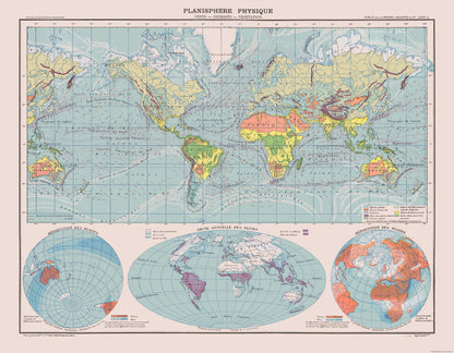 Historic Map - Physical Planisphere - Schrader 1908 - 29.54 x 23 - Vintage Wall Art