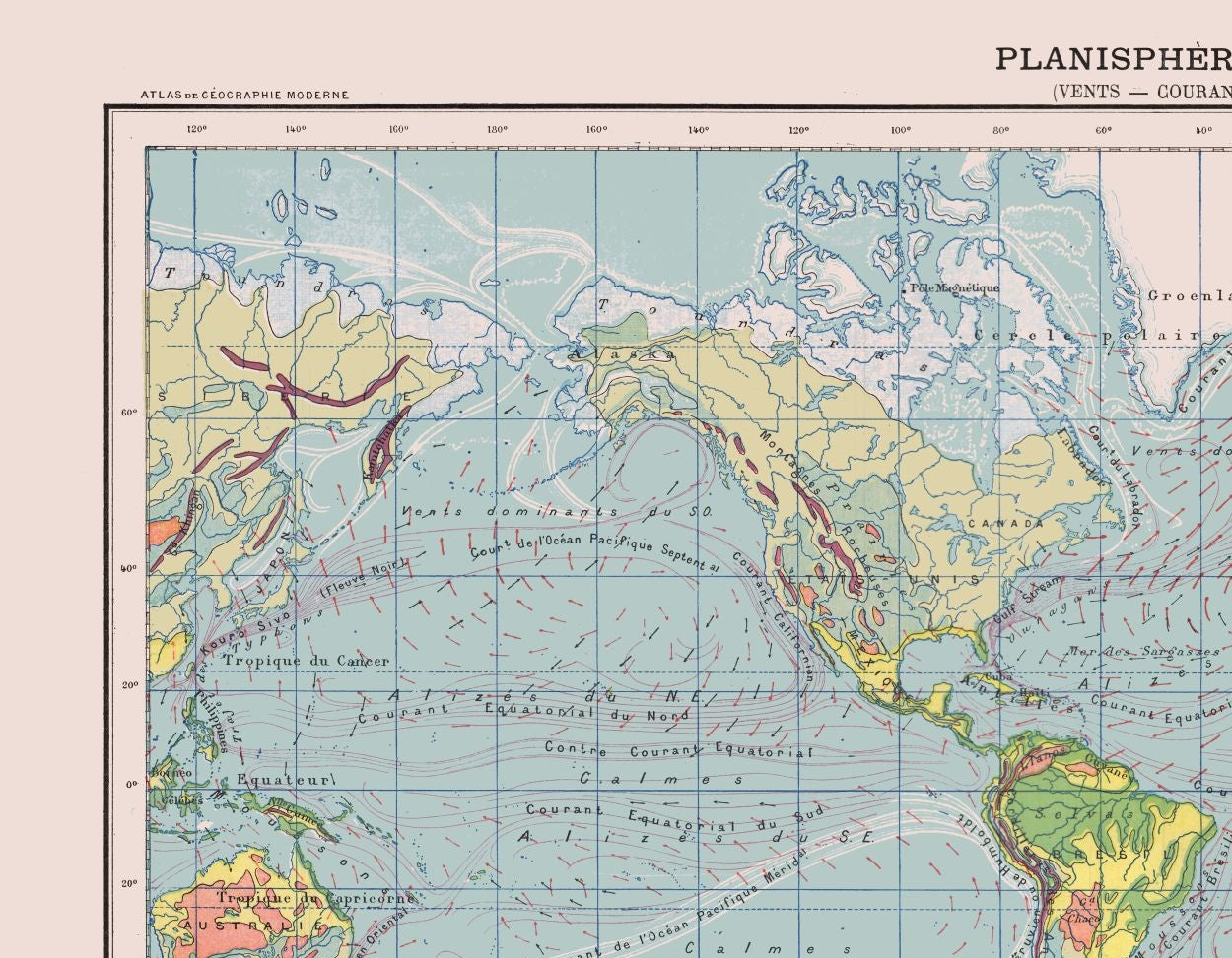 Historic Map - Physical Planisphere - Schrader 1908 - 29.54 x 23 - Vintage Wall Art