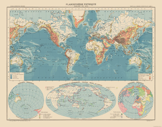 Historic Map - Physical Planisphere Terrain Floor - Schrader 1908 - 29.28 x 23 - Vintage Wall Art