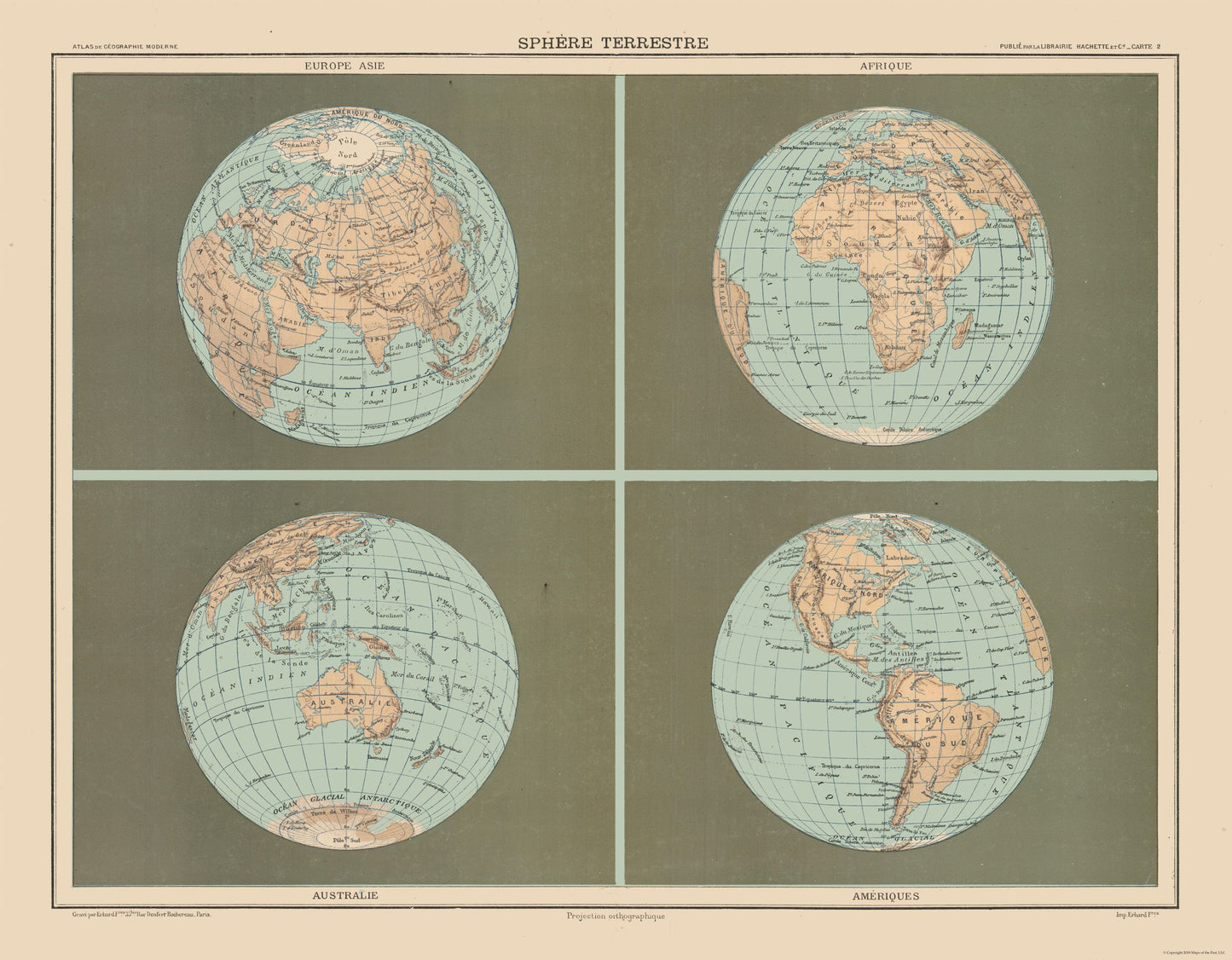 Historic Map - Terrestrial Sphere - Schrader 1908 - 29.52 x 23 - Vintage Wall Art