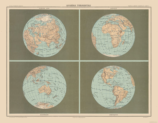 Historic Map - Terrestrial Sphere - Schrader 1908 - 29.52 x 23 - Vintage Wall Art