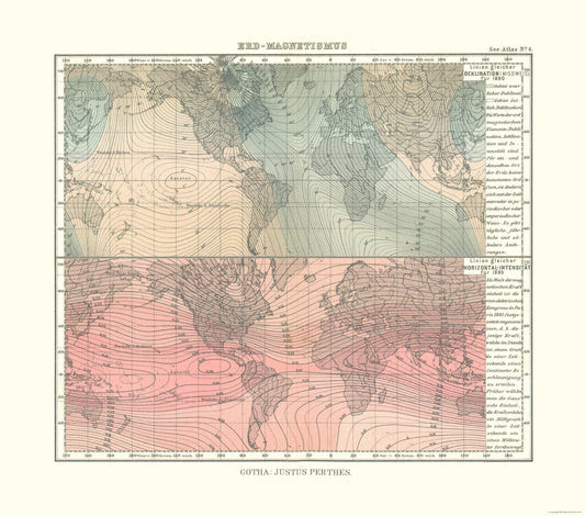 Historic Map - Earth Magnetism - Perthes 1914 - 26.07 x 23 - Vintage Wall Art