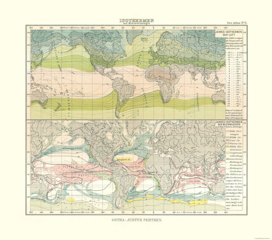 Historic Nautical Map - Isotherm Ocean Currents - Perthes 1914 - 26.06 x 23 - Vintage Wall Art