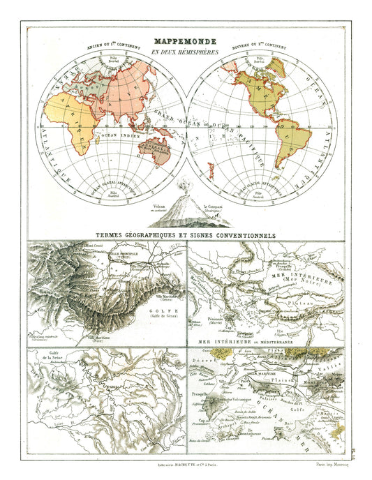 Historic Map - World Hemispheres - Cortambert 1880 - 23 x 29.70 - Vintage Wall Art