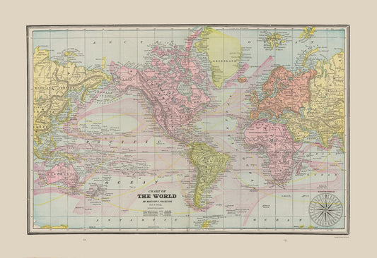 Historic Map - World Chart - Cram 1892 - 33.50 x 23 - Vintage Wall Art