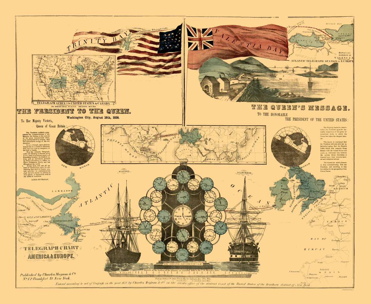 Historic Map - America Europe Telegraph Chart - Magnus 1858 - 28.06 x 23 - Vintage Wall Art