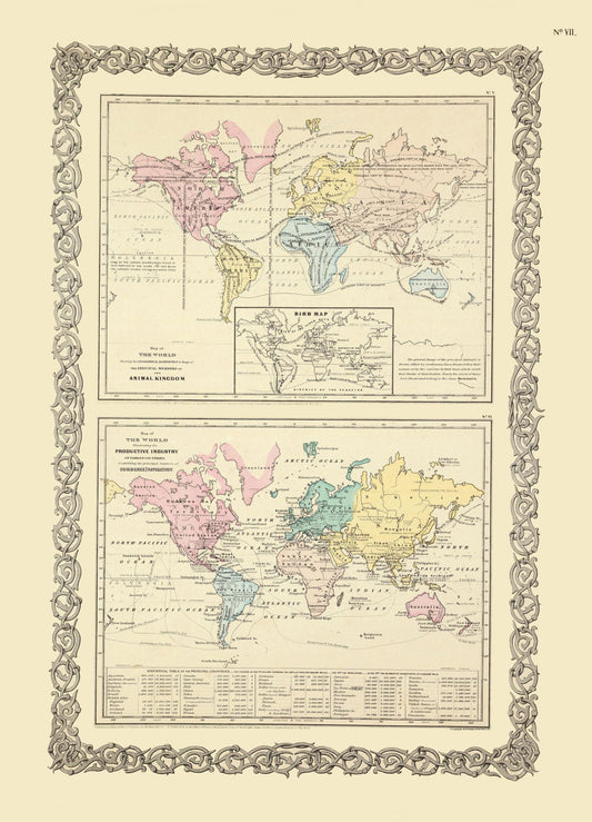 Historic Map - World Animal Kingdom Industry - Colton 1855 - 23 x 31.89 - Vintage Wall Art