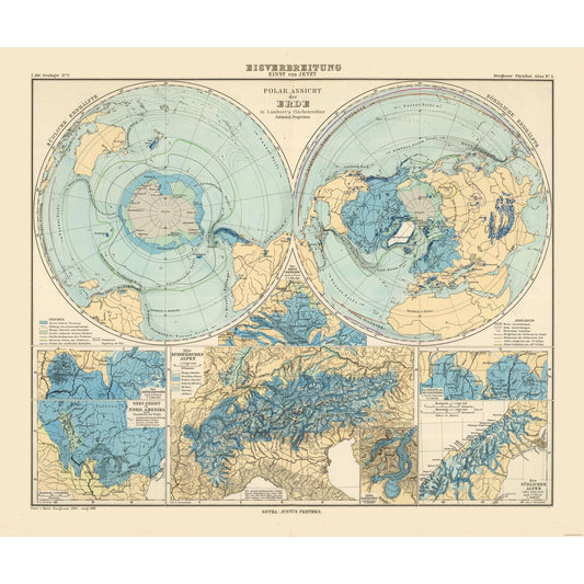 Historic Map - North Pole South Pole - Perthes 1884 - Vintage Wall Art