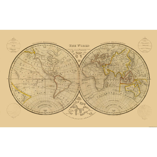 Historic Map - World Hemispheres - 37.07 x 23 - Vintage Wall Art