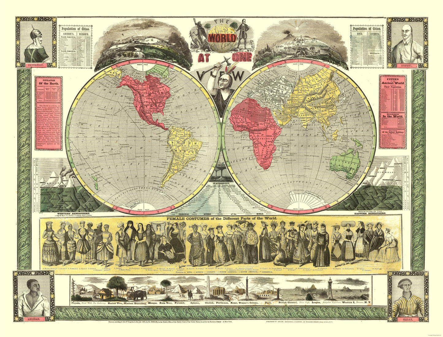 Historic Map - World One View - Phelps 1847 - 30.24 x 23 - Vintage Wall Art