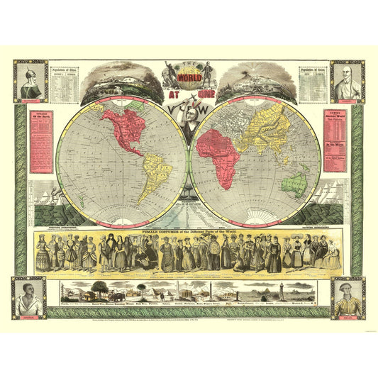 Historic Map - World One View - Phelps 1847 - 30.24 x 23 - Vintage Wall Art