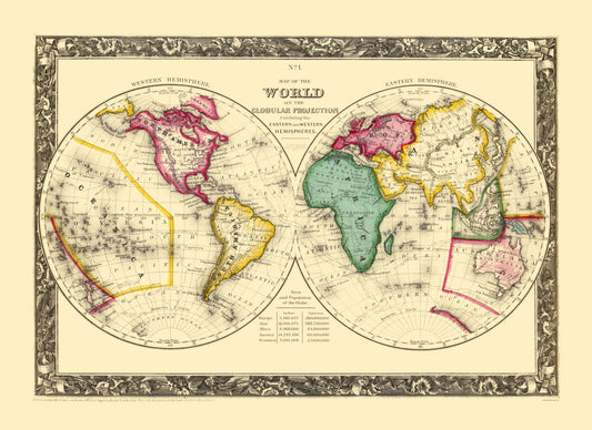 Historic Map - World Globular Projection - Mitchell 1860 - 31.58 x 23 - Vintage Wall Art