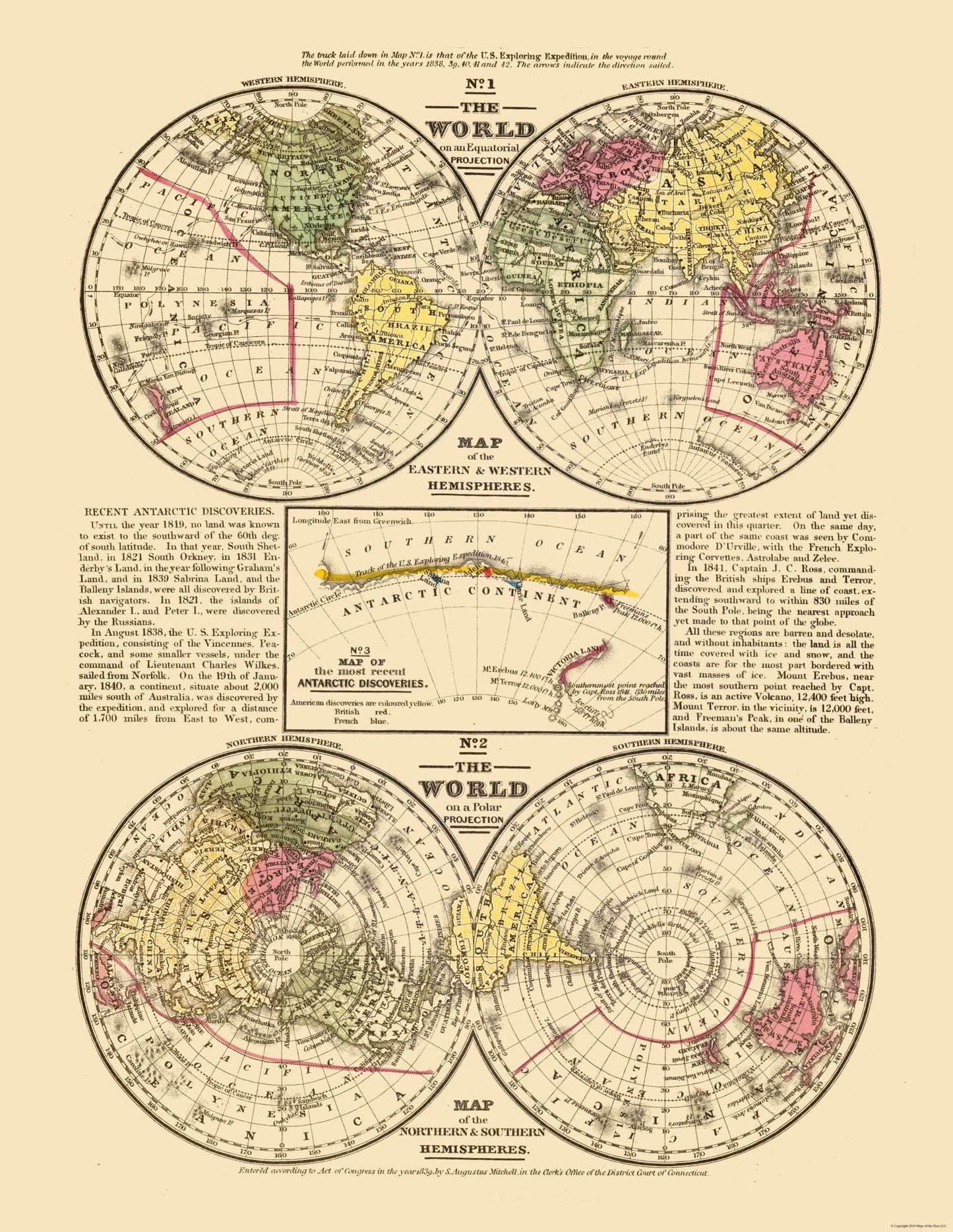 Historic Map - Equatorial Polar Projections - Mitchell 1839 - 23 x 29.73 - Vintage Wall Art