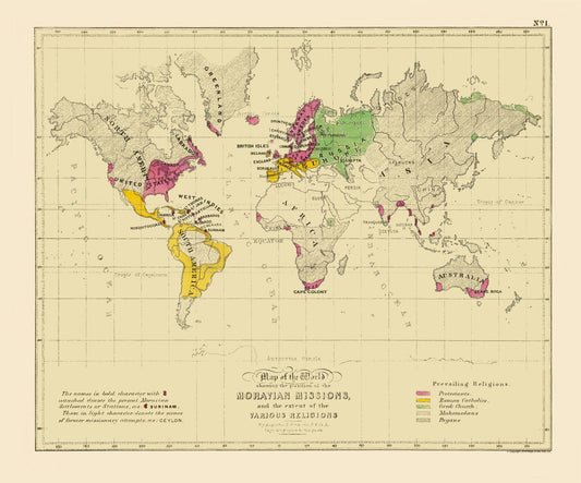 Historic Map - Moravian Missions Various Religions - Petermann 1853 - 27.67 x 23 - Vintage Wall Art