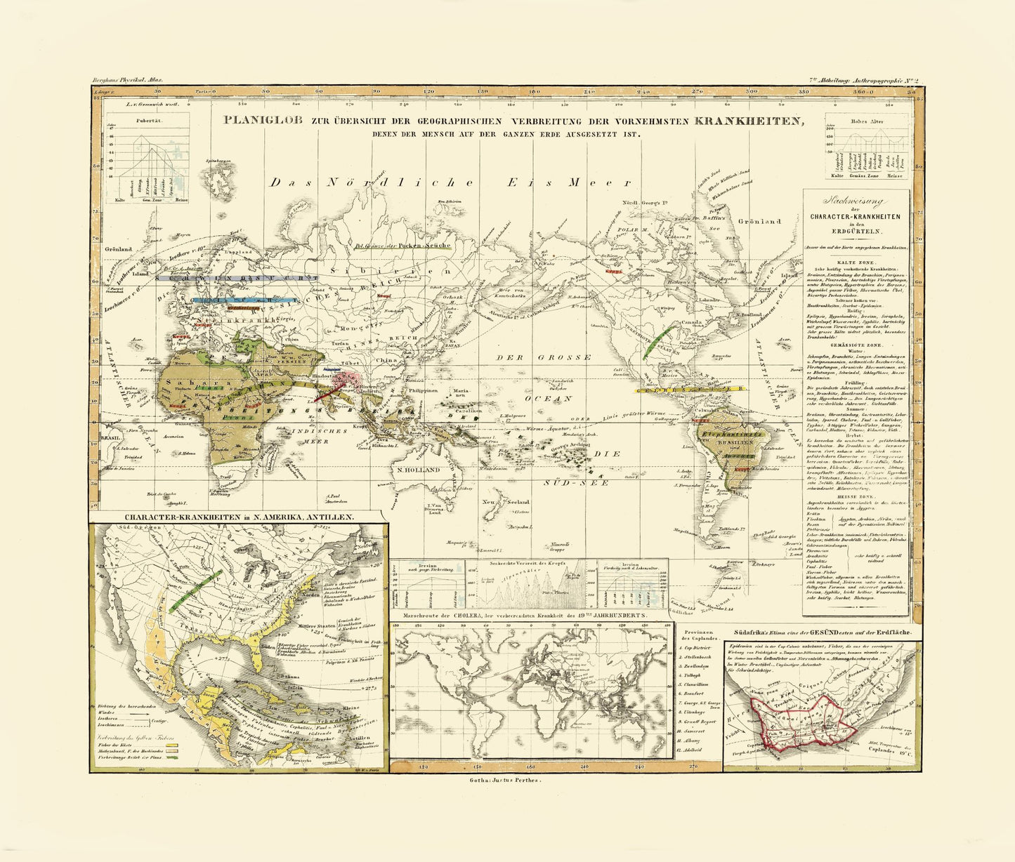 Historic Map - World Principal Diseases - Berghaus - 27.08 x 23 - Vintage Wall Art