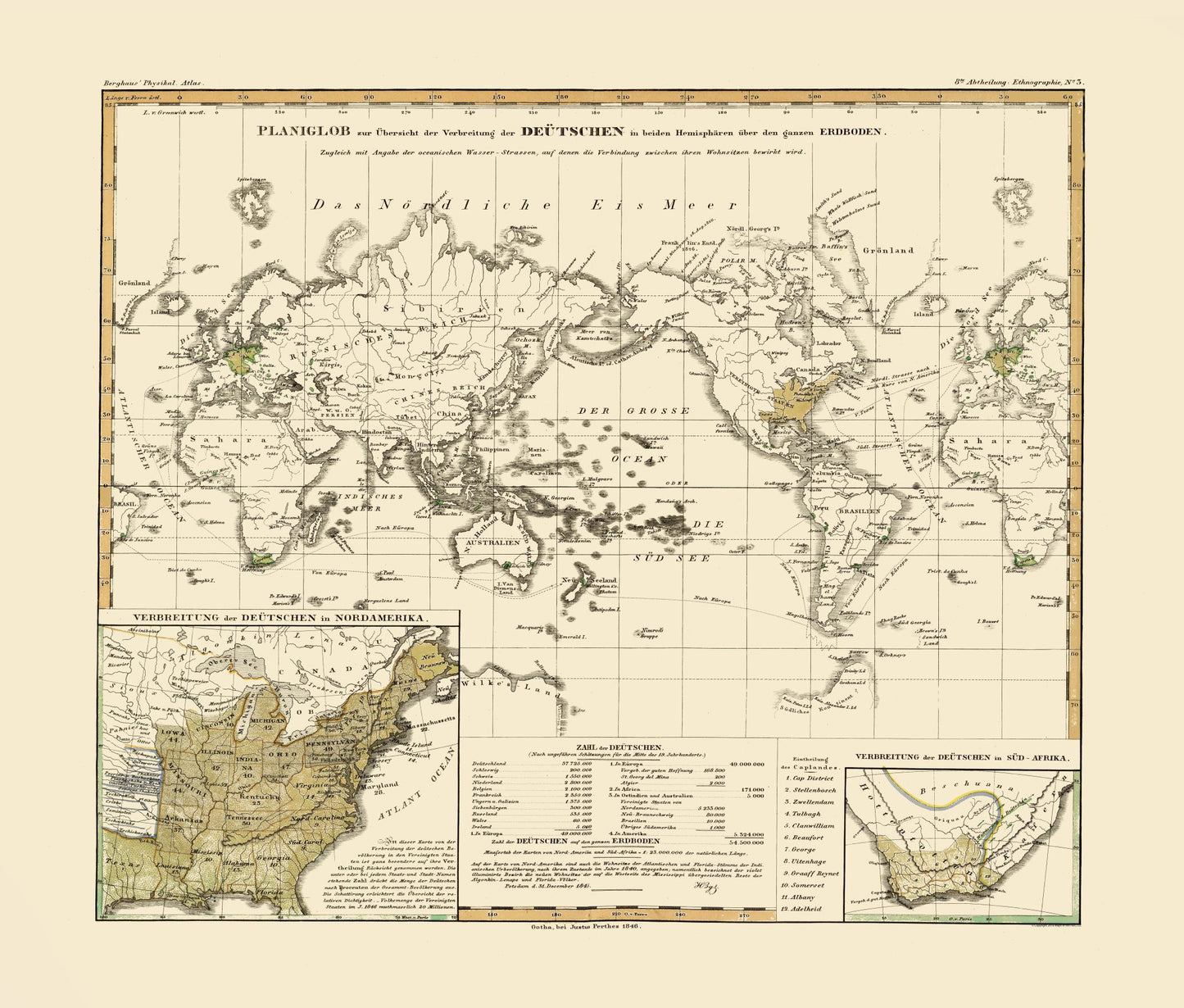 Historic Map - World German Distribution - Perthes 1846 - 27.02 x 23 - Vintage Wall Art