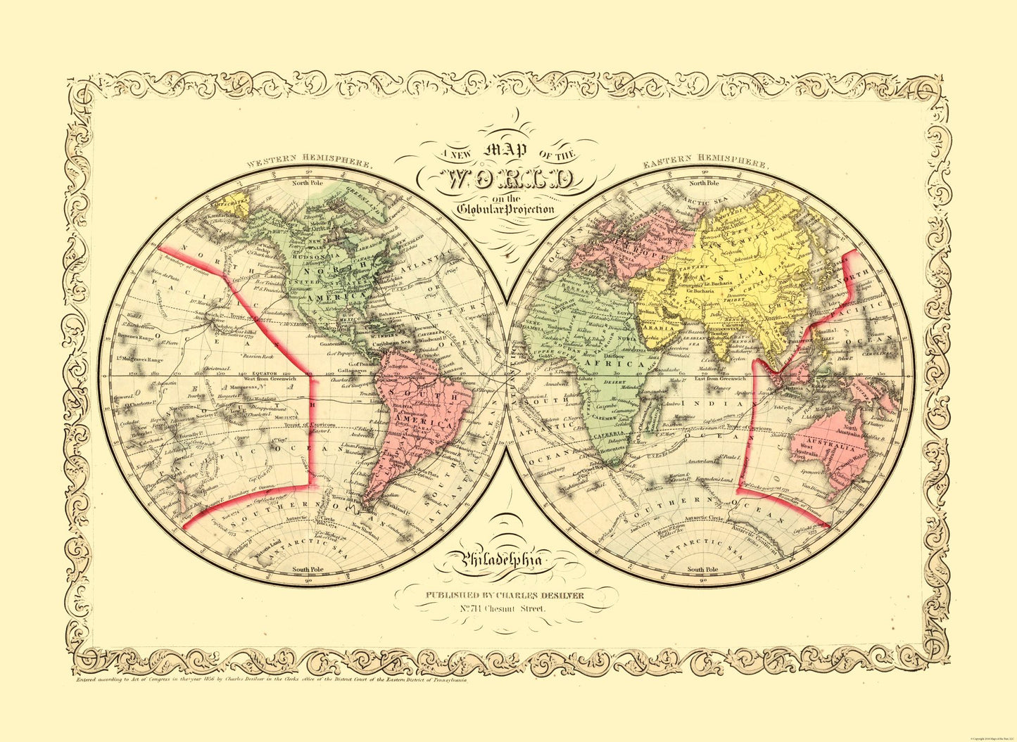 Historic Map - Globular Projection - Desilver 1856 - 31.52 x 23 - Vintage Wall Art