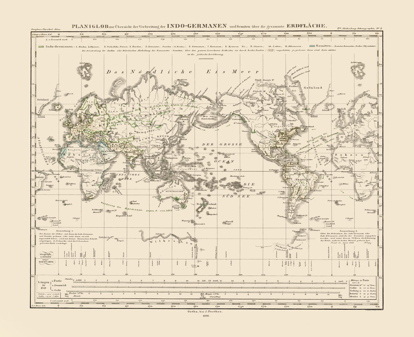 Historic Map - World Indo Germans Semites - Perthes 1846 - 28.28 x 23 - Vintage Wall Art