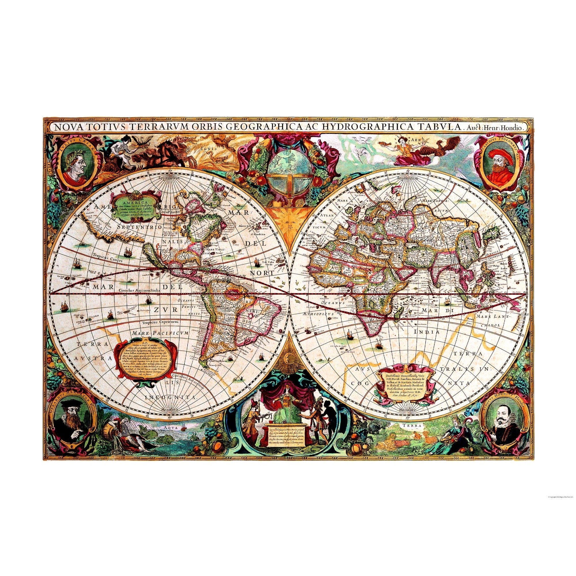 World Map History Historic Map - World - Hondio 1630 - 31.13 x 23 - Vintage Wall Art ...
