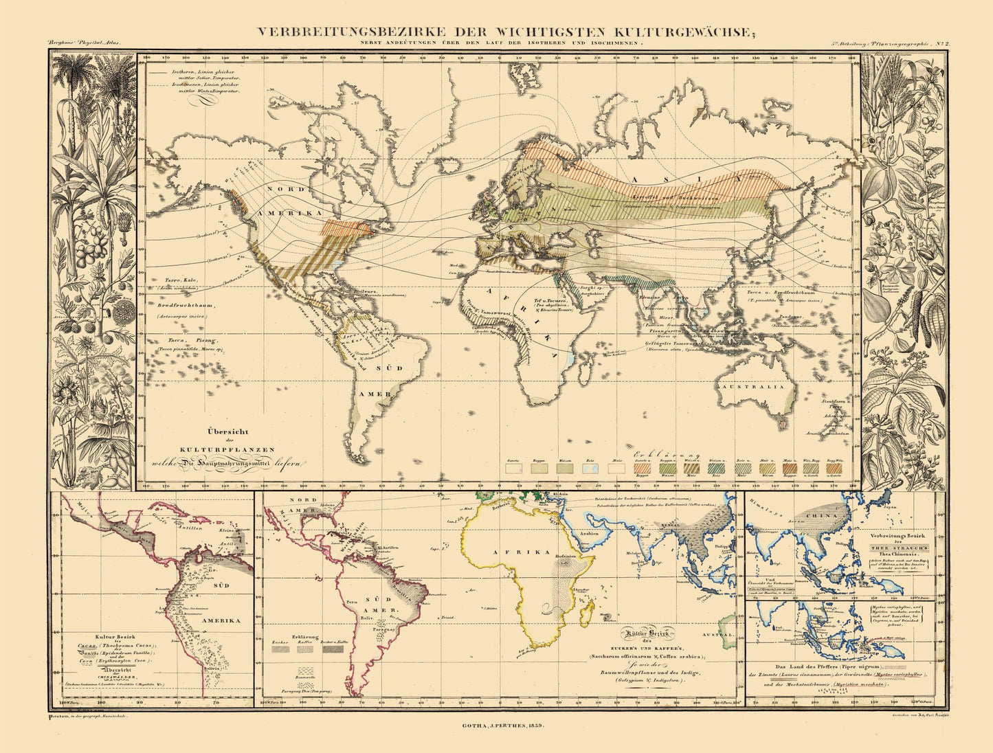 Historic Map - World Main Crops - Perthes 1859 - 30.33 x 23 - Vintage Wall Art