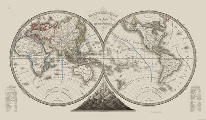 Historic Map - Western Eastern Hemispheres - Monin 1839 - 39.45 x 23 - Vintage Wall Art