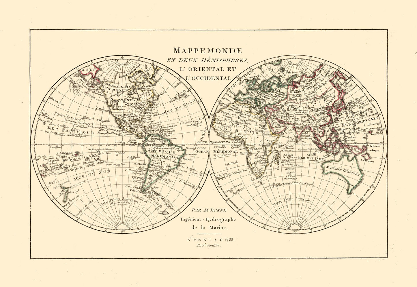 Historic Map - World Hemispheres - Santini 1794 - 33.34 x 23 - Vintage Wall Art