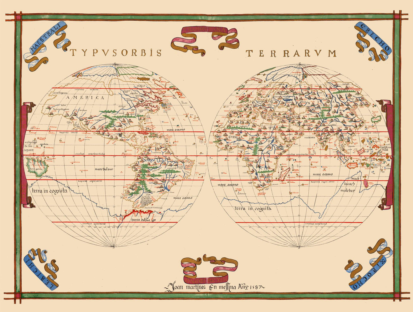 Historic Map - World Hemispheres - Martines 1587 - 30.45 x 23 - Vintage Wall Art