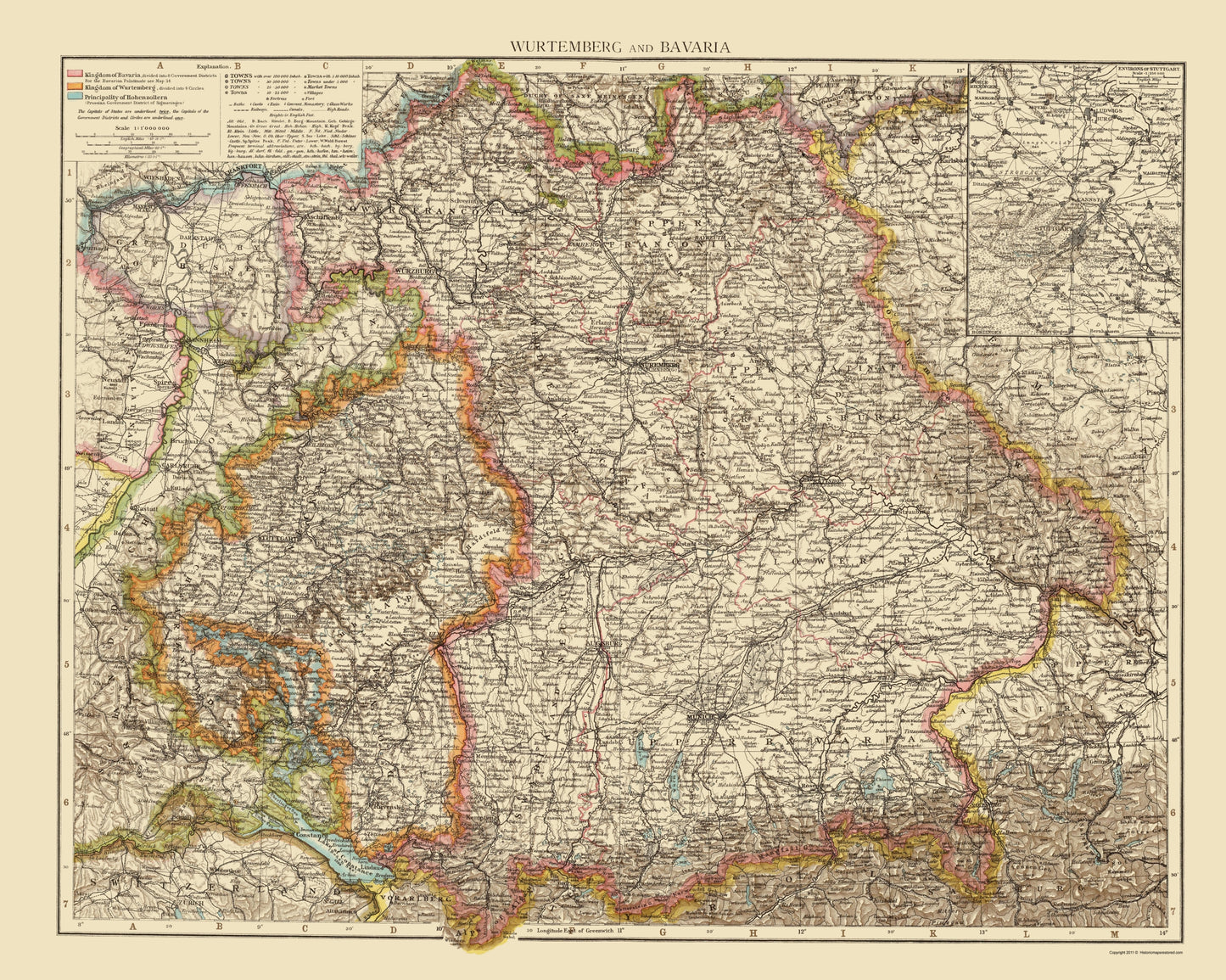 Historic Map - Wurtemberg Bavaria Germany - Andree 1895 - 23 x 28.79 - Vintage Wall Art