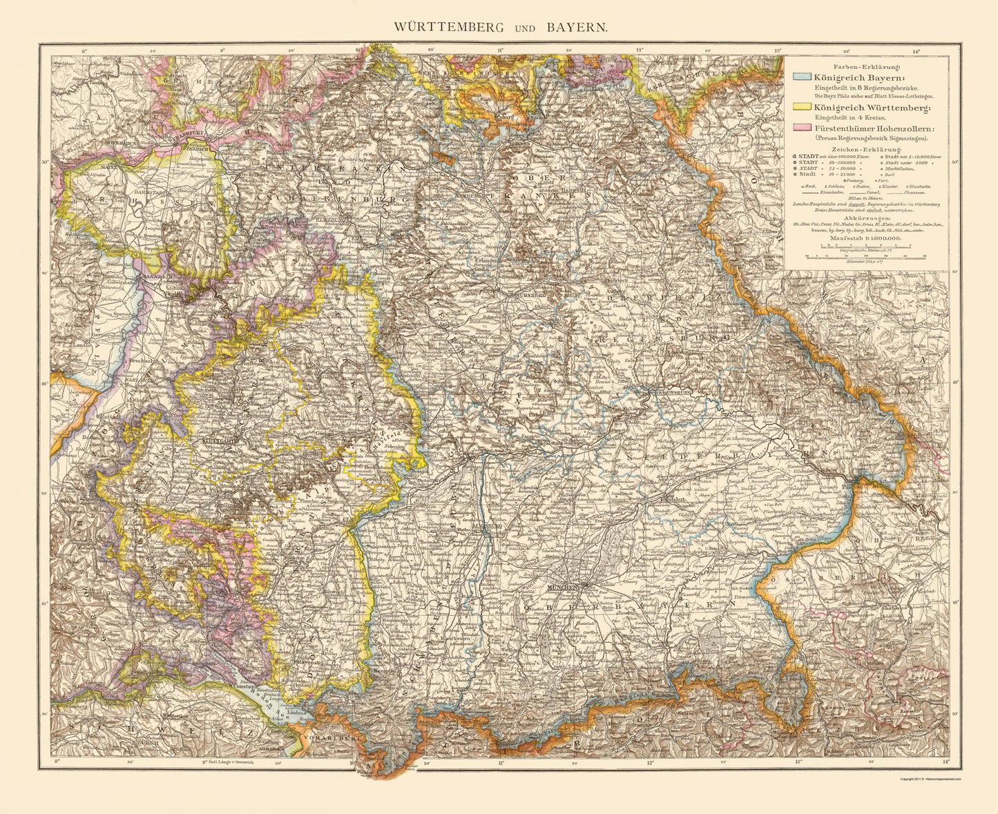 Historic Map - Wurtemberg Bavaria Germany - Andree 1895 - 23 x 28.19 - Vintage Wall Art