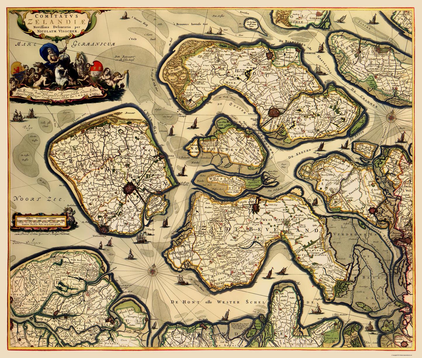 Historic Map - Zeeland Province Netherlands - Visscher 1680 - 23 x 27.10 - Vintage Wall Art