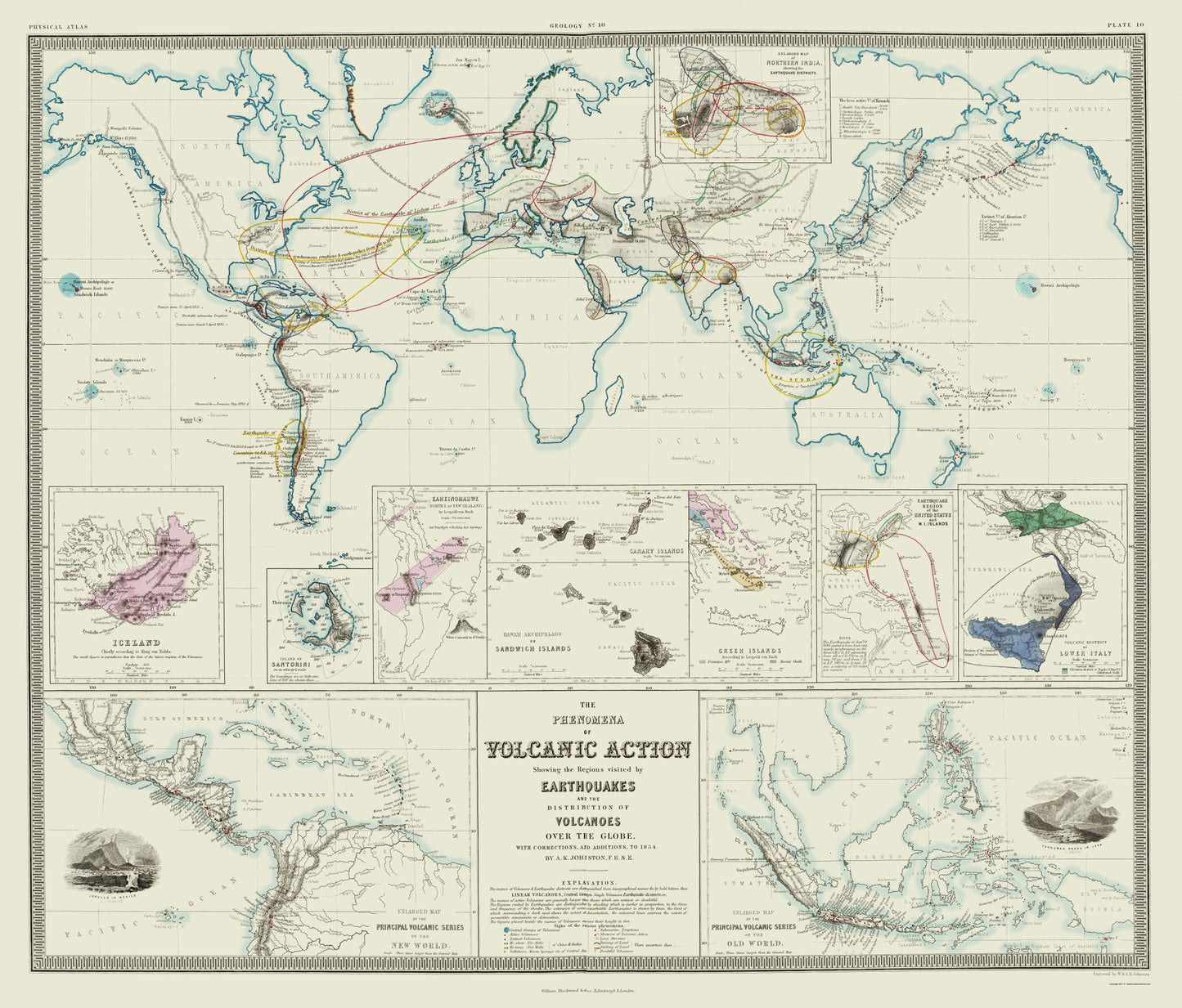 Historic Map - Global Volcanic Action Earthquakes - Johnston 1854 - 23 x 26 - Vintage Wall Art