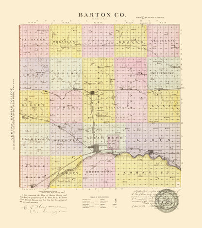 Historic County Map - Barton County Kansas - Everts 1887 - 23 x 25.99 - Vintage Wall Art