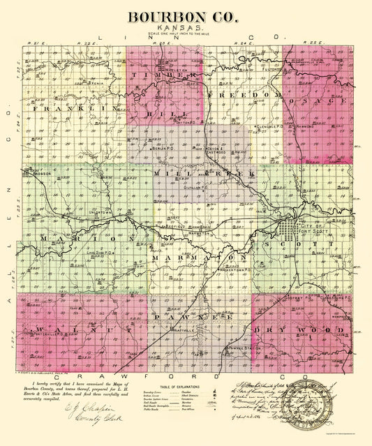 Historic County Map - Bourbon County Kansas - Everts 1887 - 23 x 27.55 - Vintage Wall Art