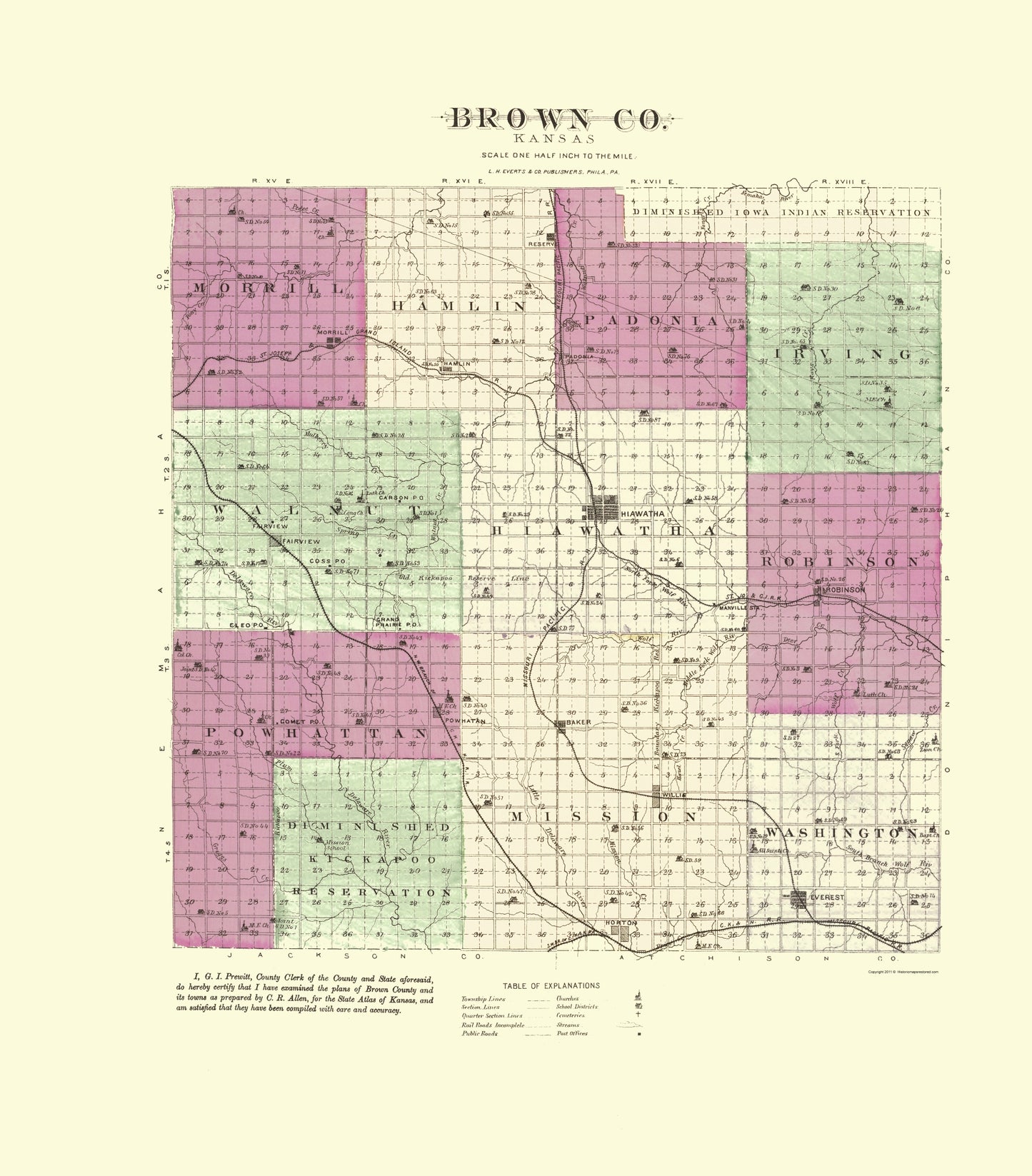 Historic County Map - Brown County Kansas - Everts 1887 - 23 x 26.21 - Vintage Wall Art