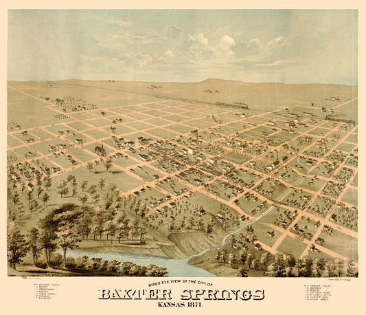 Historic Panoramic View - Baxter Springs Kansas - Glover 1871 - 26.79 x 23 - Vintage Wall Art