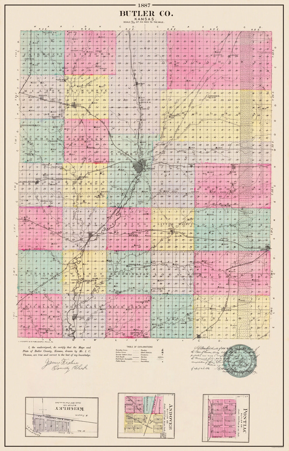 Historic County Map - Butler County Kansas - Everts 1887 - Vintage Wal ...