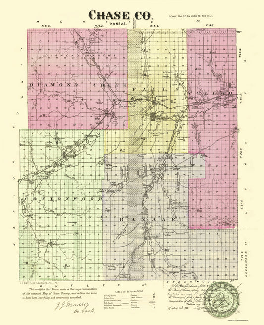 Historic County Map - Chase County Kansas - Everts 1887 - 23 x 28.25 - Vintage Wall Art