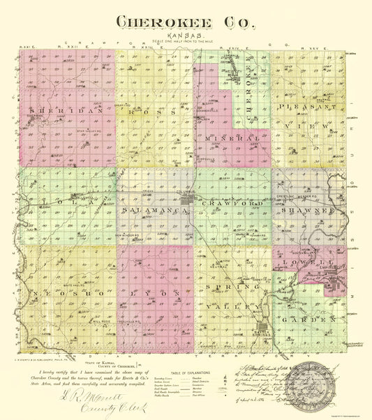 Historic County Map - Cherokee County Kansas - Everts 1887 - 23 x 25.99 - Vintage Wall Art