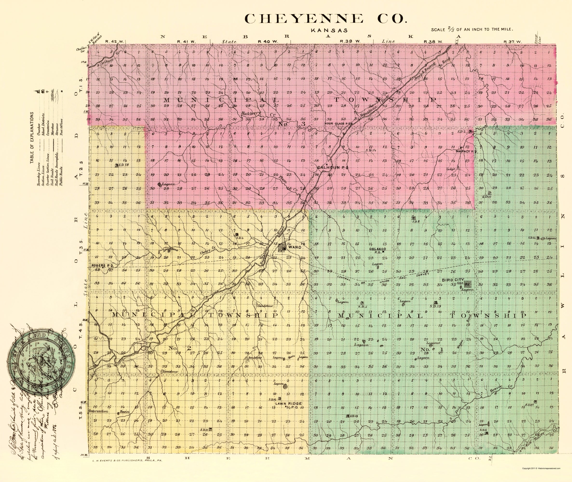 Historic County Map - Cheyenne County Kansas - Everts 1887 - 23 x 27.2 ...