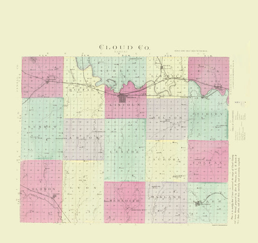 Historic County Map - Cloud County Kansas - Everts 1887 - 23 x 24.46 - Vintage Wall Art