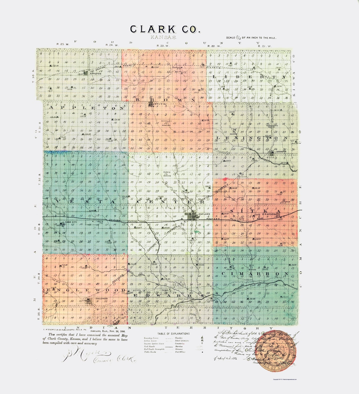 Historic County Map - Clark County Kansas - Everts 1887 - 23 x 25.21 - Vintage Wall Art