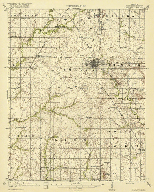 Topographical Map - Columbus Kansas Quad - USGS 1918 - 23 x 28.69 - Vintage Wall Art