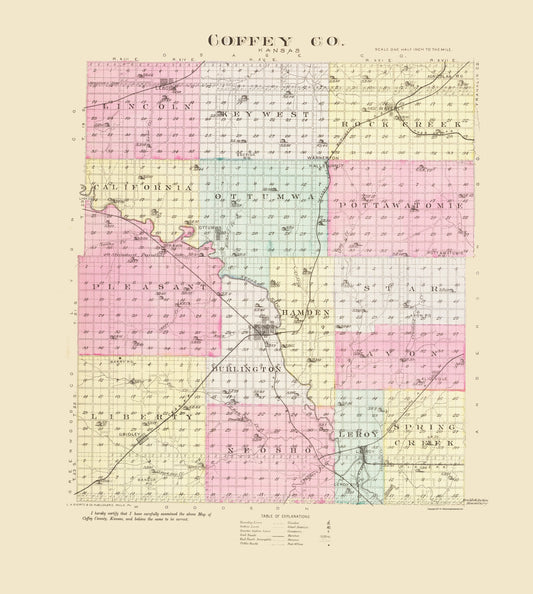 Historic County Map - Coffey County Kansas - Everts 1887 - 23 x 25.65 - Vintage Wall Art