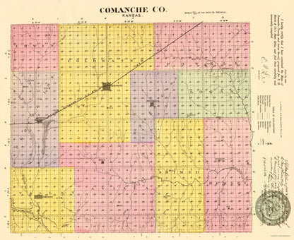 Historic County Map - Comanche County Kansas - Everts 1887 - 23 x 28.16 - Vintage Wall Art